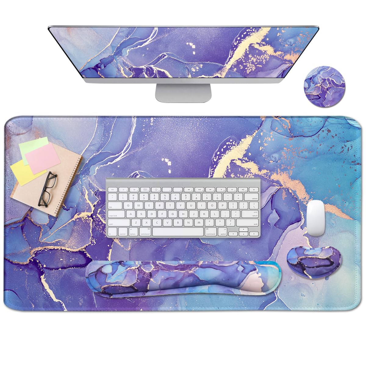 4-in-1 Large Gaming Mouse Pad, Keyboard Wrist Rest Pad & Wrist Support Mousepad Set, Extended Desk Pad Waterproof Desk Mat for Home Office Study Game-Pink Gold Marble