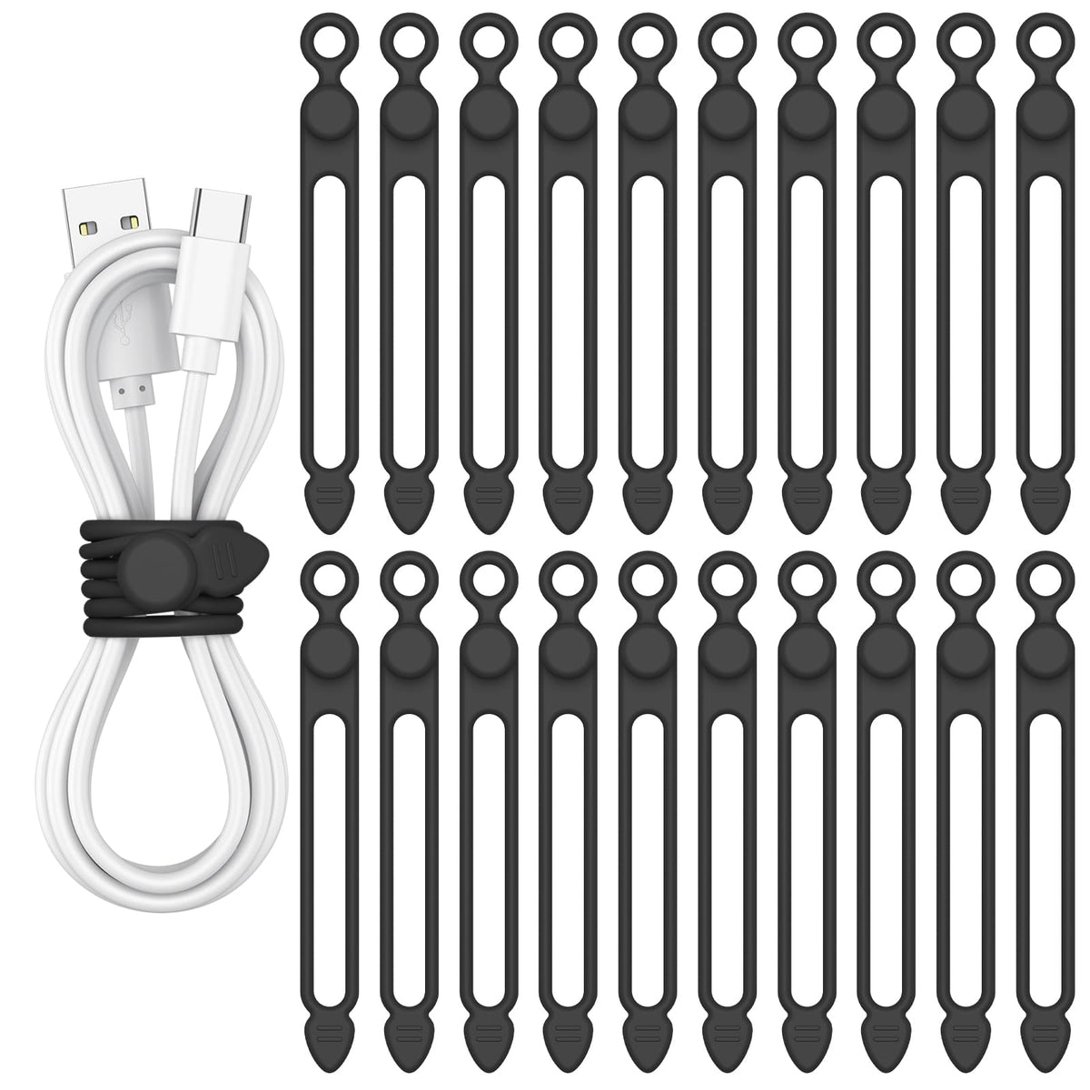 20 Pcs Silicone Cable Ties, Reusable Cord Organizer Cable for Electronics, Office, Home Travel Essentials, Earphone, Phone Charger (20*black)