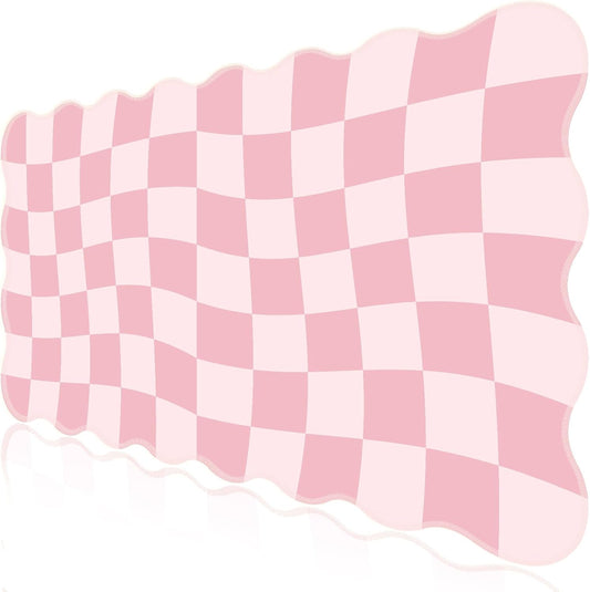L-SPOUTTO Pink Mouse Pad,Geometric Desk Mat XXL Large Scalloped Gaming Mousepad,35.4x15.7in Non-Slip Rubber Base Keyboard Pad Waterproof Desktop Mat for Laptop Computer Game Home Office-Checkered