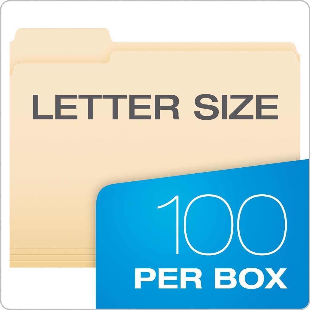 Pendaflex File Folders, 100 Pack, Durable Manila Folders, Letter Size (8.5" x 11"), 3 Top Tabs for Easy Labeling, Everyday Filing Essential for Offices, Classrooms & Home Document Organization
