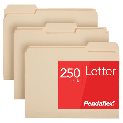 Pendaflex File Folders, 250-Pack, Letter Size, Manila, 1/3-Cut Tabs, Premium Paper Folders for File Cabinets, Home, Office & Classroom Document Organization, 3-Tab Letter File Folders