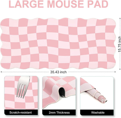 L-SPOUTTO Pink Mouse Pad,Geometric Desk Mat XXL Large Scalloped Gaming Mousepad,35.4x15.7in Non-Slip Rubber Base Keyboard Pad Waterproof Desktop Mat for Laptop Computer Game Home Office-Checkered