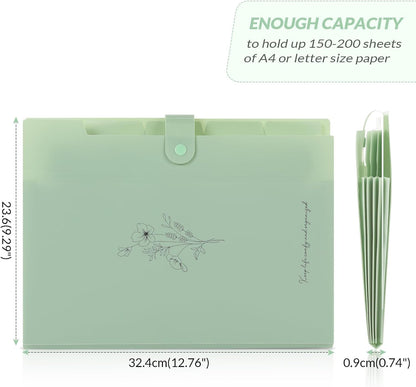 SKYDUE Expanding File Folder with 5 Pockets, Aesthetic Accordion File Organizer, Portable Document Paper Bill Receipt Organizer, School Office Supplies, Letter/A4 Size, (1, Pea Green)