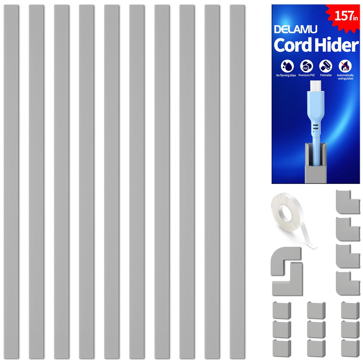 Delamu Cord Hider, 157in Wire Covers for Cords on Wall, Premium Cable Hider Cord Covers for Wires, Cable Management Wire Hiders for TV, Cable Raceway Kit, W0.95 H0.55in, White