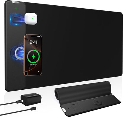 Wireless Charging Mouse Pad with Foldable Phone Holder, 31.5"x15.8", Black