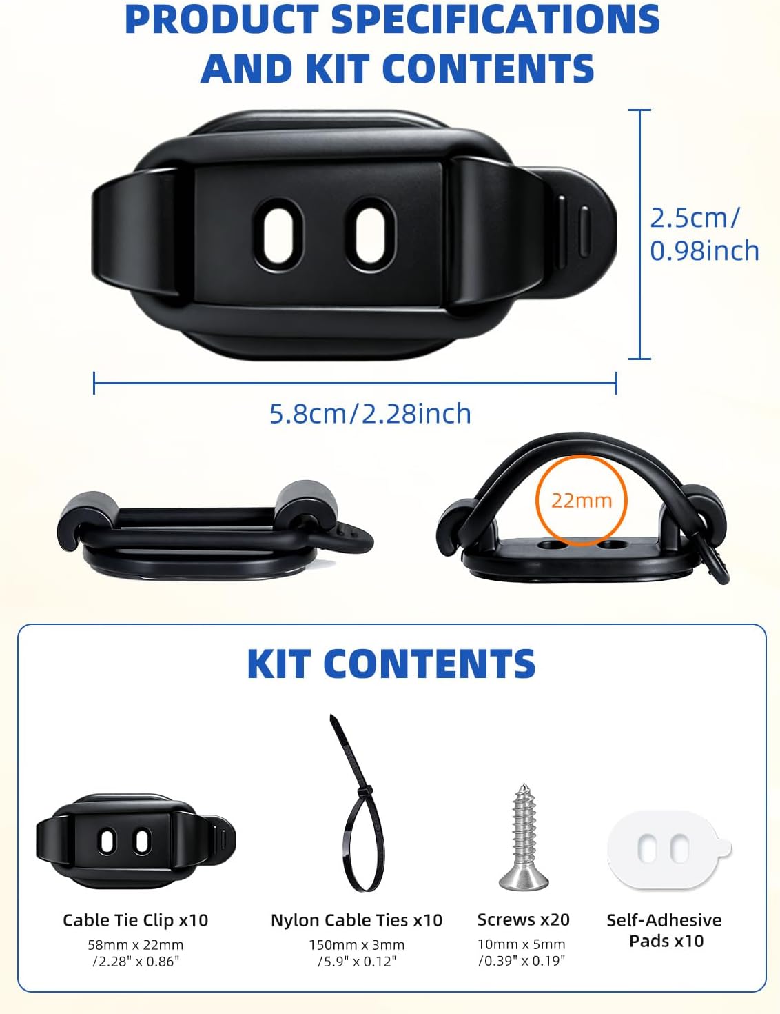 10 Pack Adhesive Cable Clips, Adjustable Cable Management Clips Black