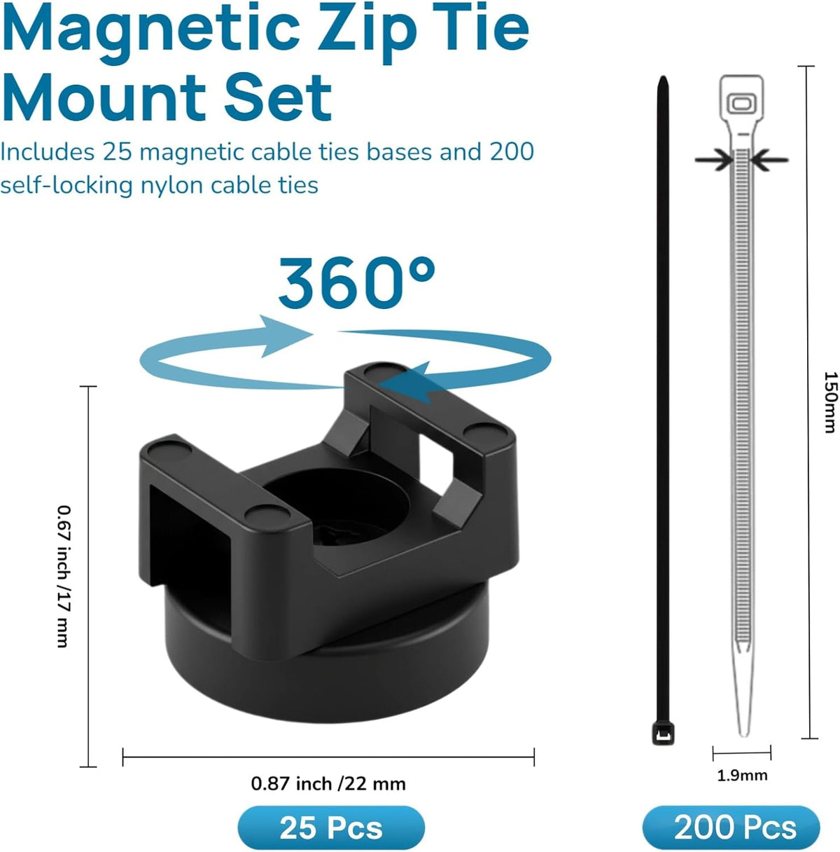225-Pc Magnetic Cable Ties Set,Magnetic Zip Tie Mounts & Cable Ties
