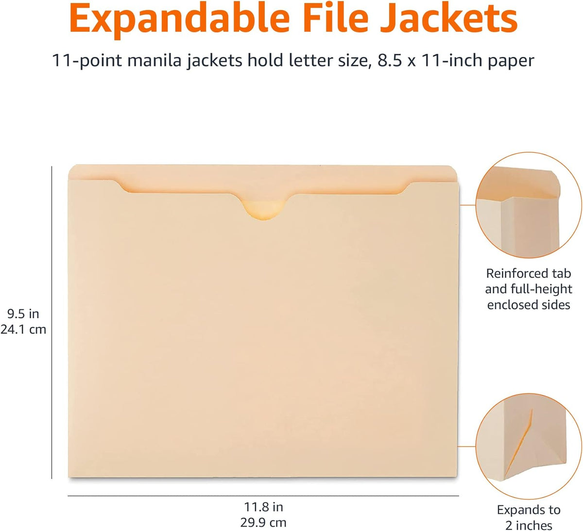 Amazon Basics Reinforced File Jackets, Letter Size, Straight-Cut Tab, 2 Inch Expansion, Manila, 50-Pack