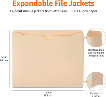 Amazon Basics Reinforced File Jackets, Letter Size, Straight-Cut Tab, 2 Inch Expansion, Manila, 50-Pack
