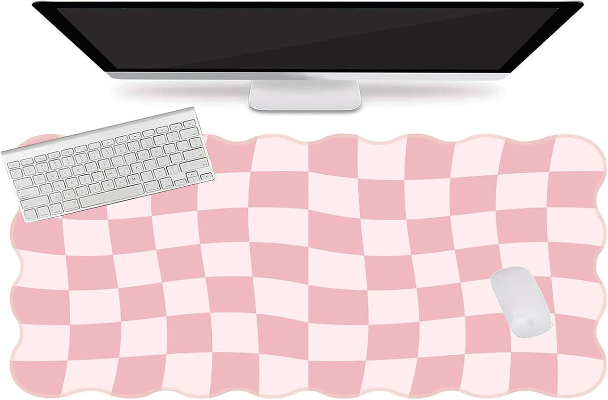 L-SPOUTTO Pink Mouse Pad,Geometric Desk Mat XXL Large Scalloped Gaming Mousepad,35.4x15.7in Non-Slip Rubber Base Keyboard Pad Waterproof Desktop Mat for Laptop Computer Game Home Office-Checkered