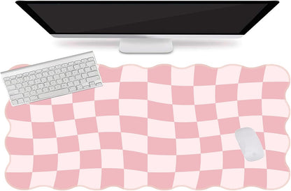 L-SPOUTTO Pink Mouse Pad,Geometric Desk Mat XXL Large Scalloped Gaming Mousepad,35.4x15.7in Non-Slip Rubber Base Keyboard Pad Waterproof Desktop Mat for Laptop Computer Game Home Office-Checkered