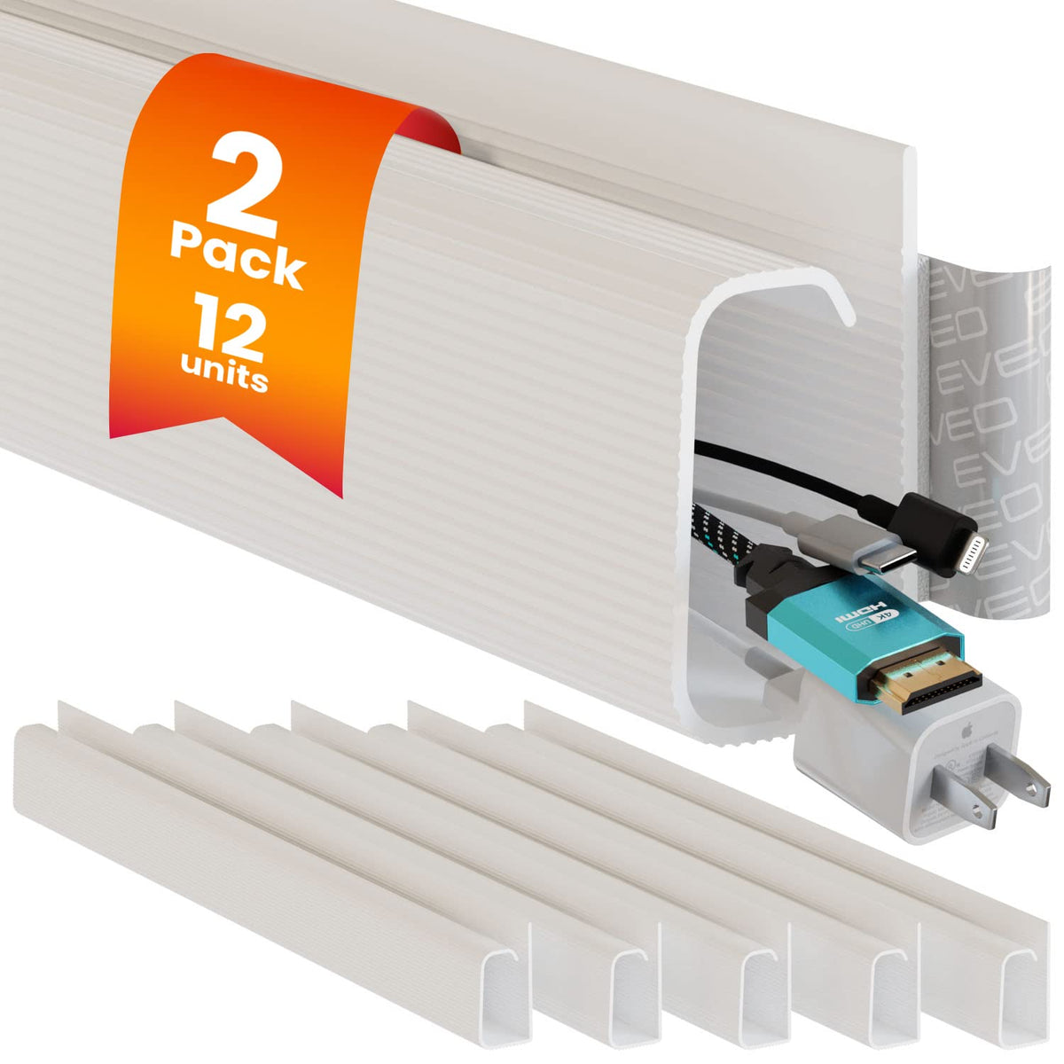 EVEO Cable Management Under Desk Kit (6 Units) - Under Desk Cable Management Cord Hider, Cable Hider Cord Management, Cable Organizer, Cable Raceway | Self-Adhesive 96'' J Channel 6X16 - Black