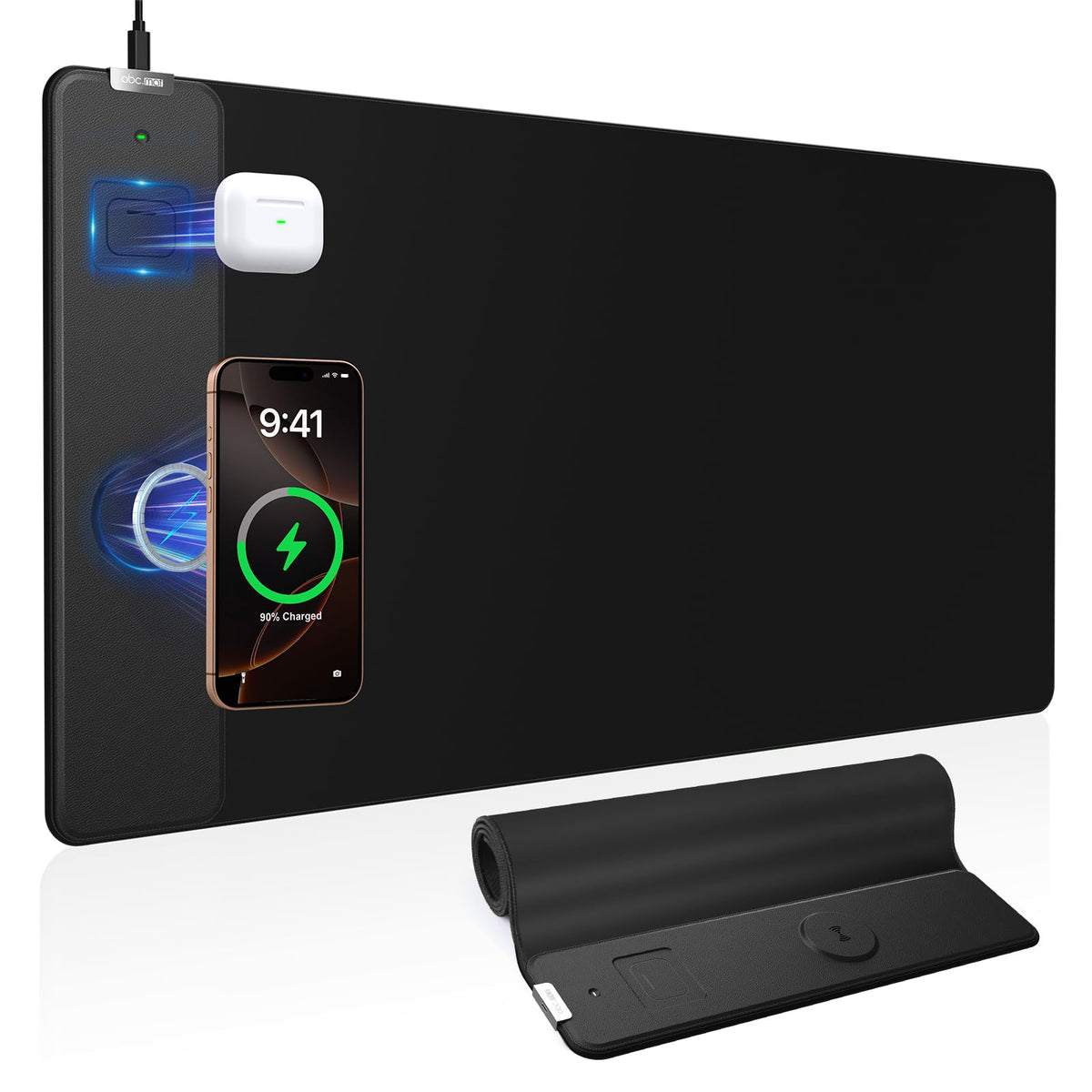 Wireless Charging Mouse Pad with Foldable Phone Holder, 31.5"x15.8", Black