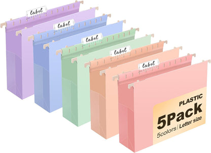 5 Pack Pastel Plastic Hanging File Folders, 2" Expansion Letter Size
