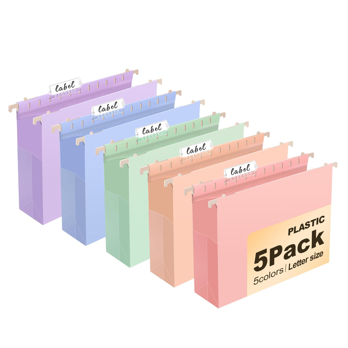 5 Pack Pastel Plastic Hanging File Folders, 2" Expansion Letter Size