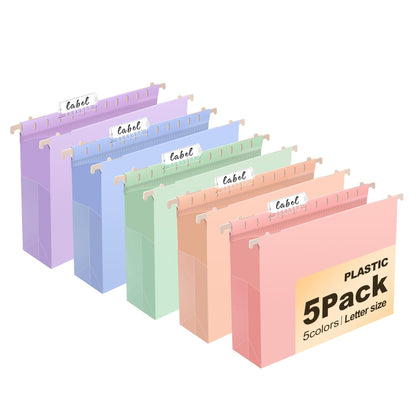 5 Pack Pastel Plastic Hanging File Folders, 2" Expansion Letter Size