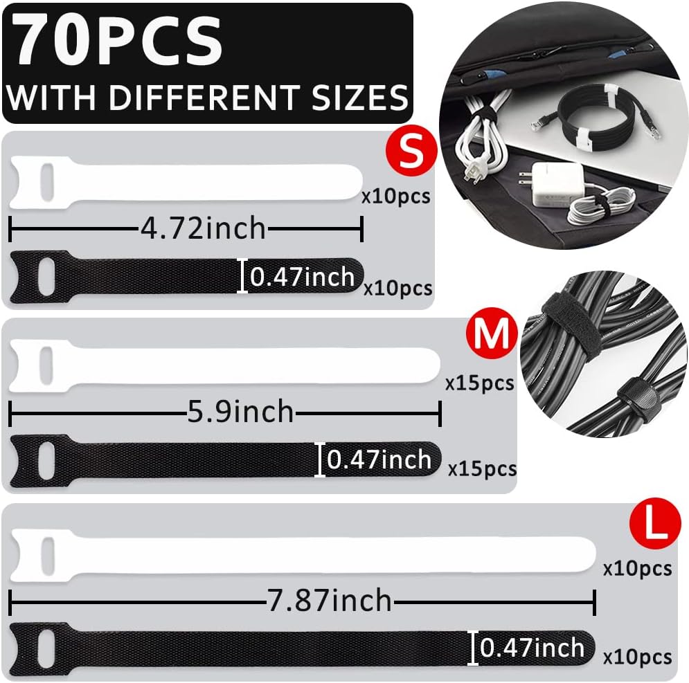 70pcs Cable Ties Reusable Black and White Wire Ties Cable Management Cord Ties Reusable for Electronics Hook and Loop Cable Ties for Computer 4 6 8 Inch