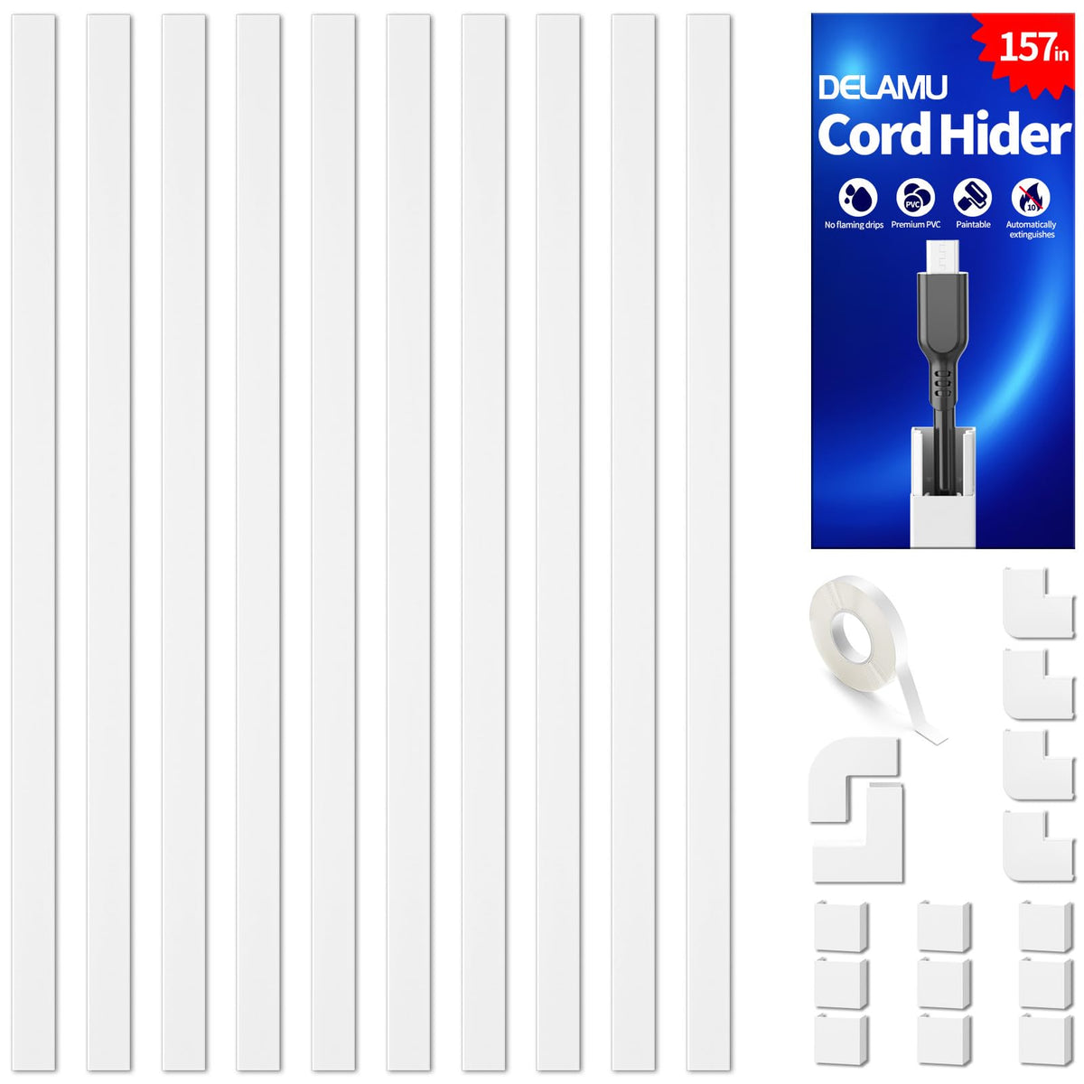 Delamu Cord Hider, 157in Wire Covers for Cords on Wall, Premium Cable Hider Cord Covers for Wires, Cable Management Wire Hiders for TV, Cable Raceway Kit, W0.95 H0.55in, White
