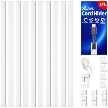 Delamu Cord Hider, 157in Wire Covers for Cords on Wall, Premium Cable Hider Cord Covers for Wires, Cable Management Wire Hiders for TV, Cable Raceway Kit, W0.95 H0.55in, White