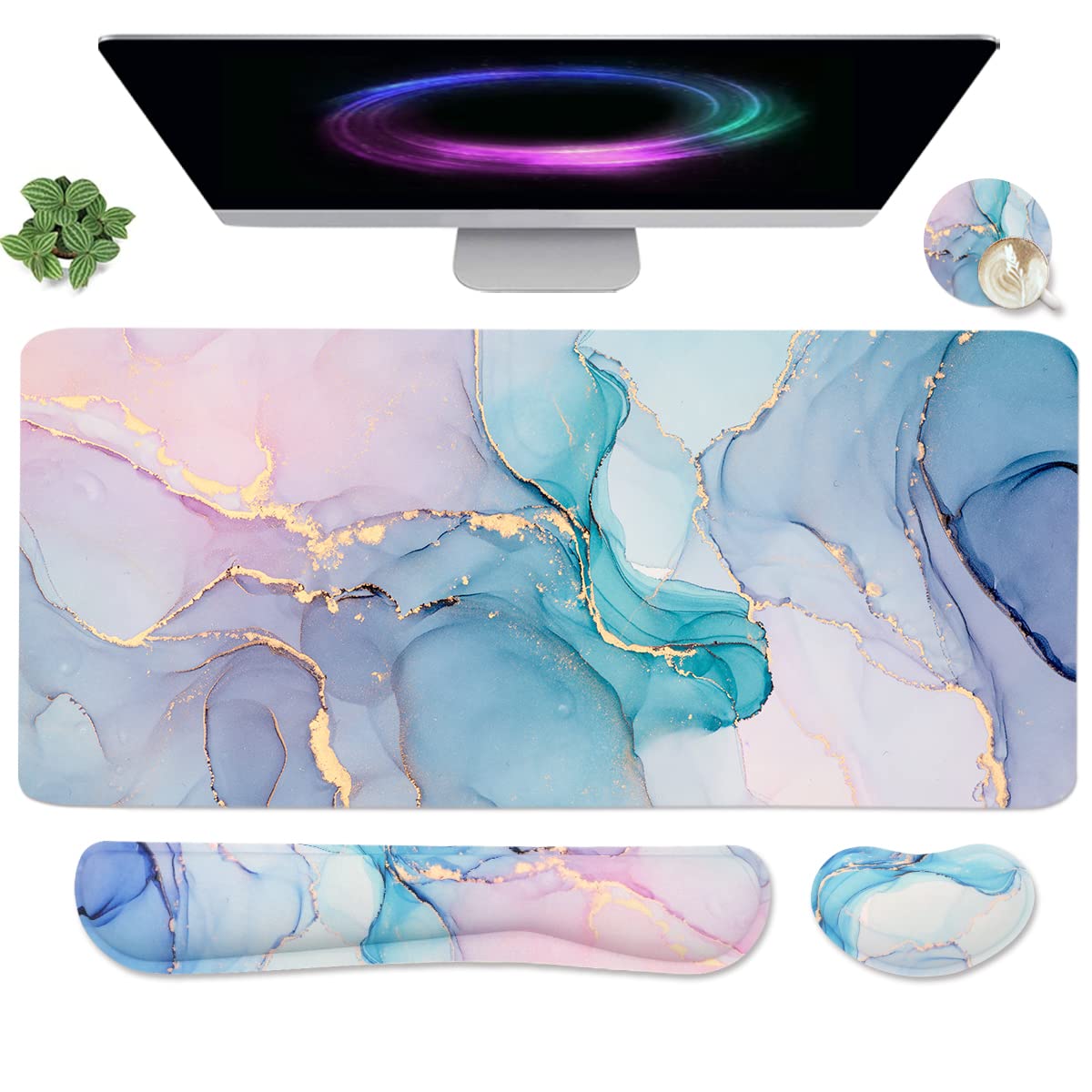4-in-1 Large Gaming Mouse Pad, Keyboard Wrist Rest Pad & Wrist Support Mousepad Set, Extended Desk Pad Waterproof Desk Mat for Home Office Study Game-Pink Gold Marble