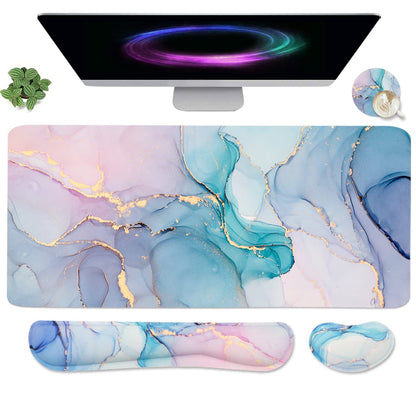 4-in-1 Large Gaming Mouse Pad, Keyboard Wrist Rest Pad & Wrist Support Mousepad Set, Extended Desk Pad Waterproof Desk Mat for Home Office Study Game-Pink Gold Marble
