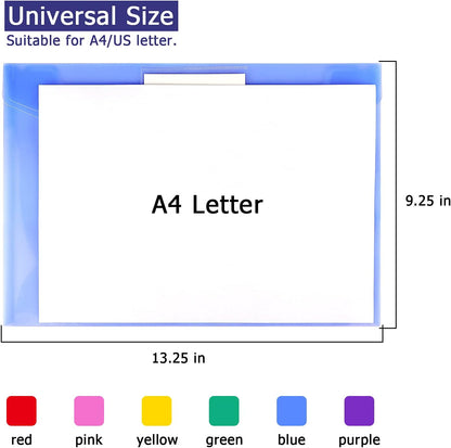 6 Pack Clear Document Folders Plastic Envelopes, A4 Size, 6 Colors