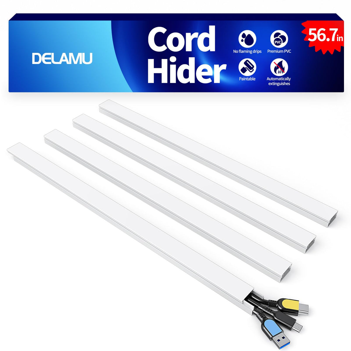 Delamu Cord Hider, 157in Wire Covers for Cords on Wall, Premium Cable Hider Cord Covers for Wires, Cable Management Wire Hiders for TV, Cable Raceway Kit, W0.95 H0.55in, White