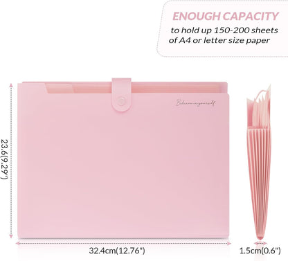 SKYDUE Expanding File Folder, Accordion File Organizer with 8 Pockets, Expandable Document Paper Receipt Holder for School Office Hospital, Letter/A4 Size Pink