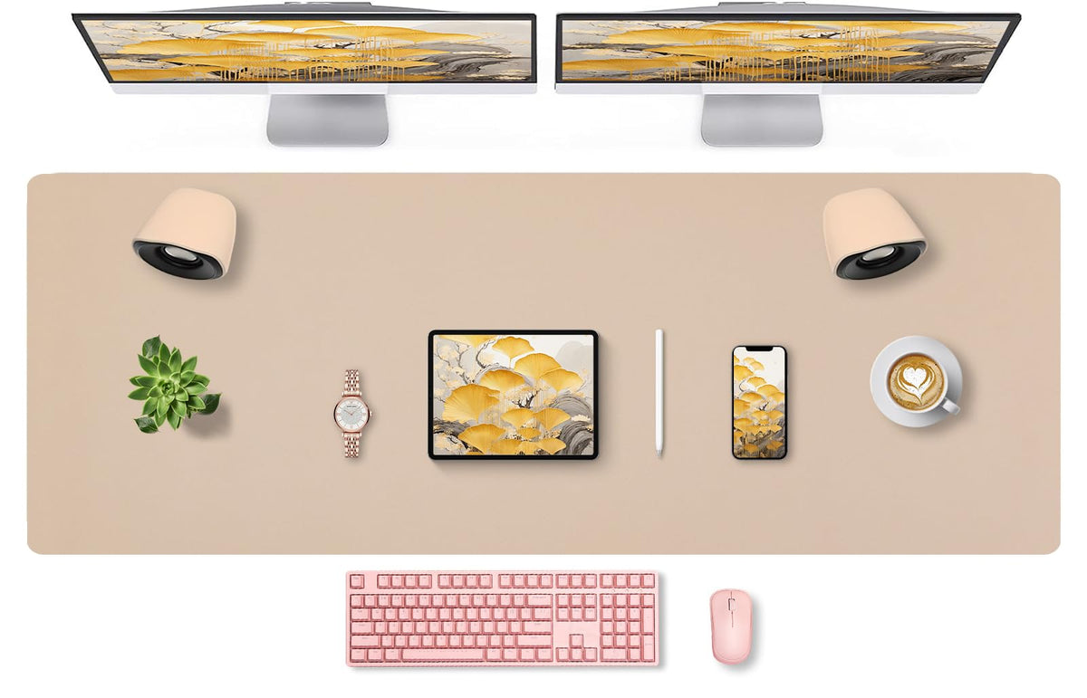 Leather Desk Pad, Mouse Pad, Non-Slip Desk Protector Mat, Leather Desk Blotter, Computer Desk Pad, Waterproof Desk Mat for Office Home Decor - Beige (31.5×15.7 Inches)