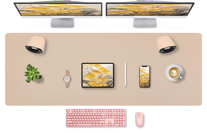 Leather Desk Pad, Mouse Pad, Non-Slip Desk Protector Mat, Leather Desk Blotter, Computer Desk Pad, Waterproof Desk Mat for Office Home Decor - Beige (31.5×15.7 Inches)