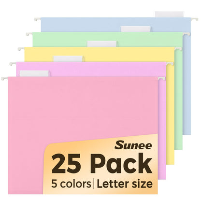 SUNEE 25 Count Hanging File Folders, Pastel Colors, Hanging File Folders Letter Size, Hanging Folders with 1/5-cut Tabs, Designed for Bulky Files, Filing Cabinets, Medical Charts