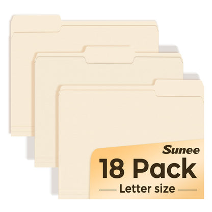 SUNEE File Folders, 18 Pack Manilla Folders 8.5 x 11, 1/3 Cut Tab for Easy Labeling and Organization, Durable Standard Paper for Home, Office, School Filing