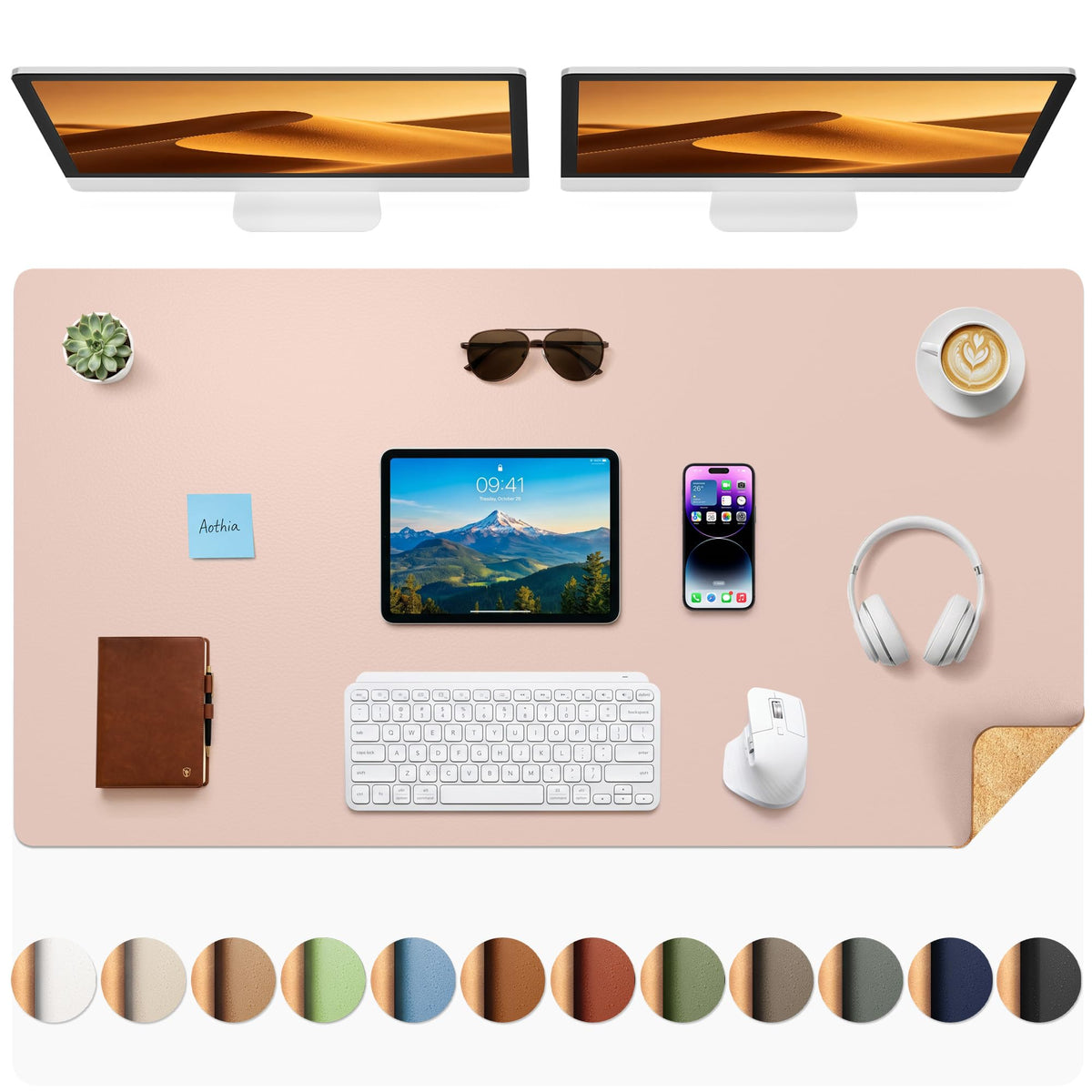 Aothia Double-Sided Desk Pad, 35.4" x 15.7"Leather Desk Mat, Eco Cork Desk Pad Protector,Large Mouse Pad,Waterproof Desk Blotter for Office/Home(Brown)