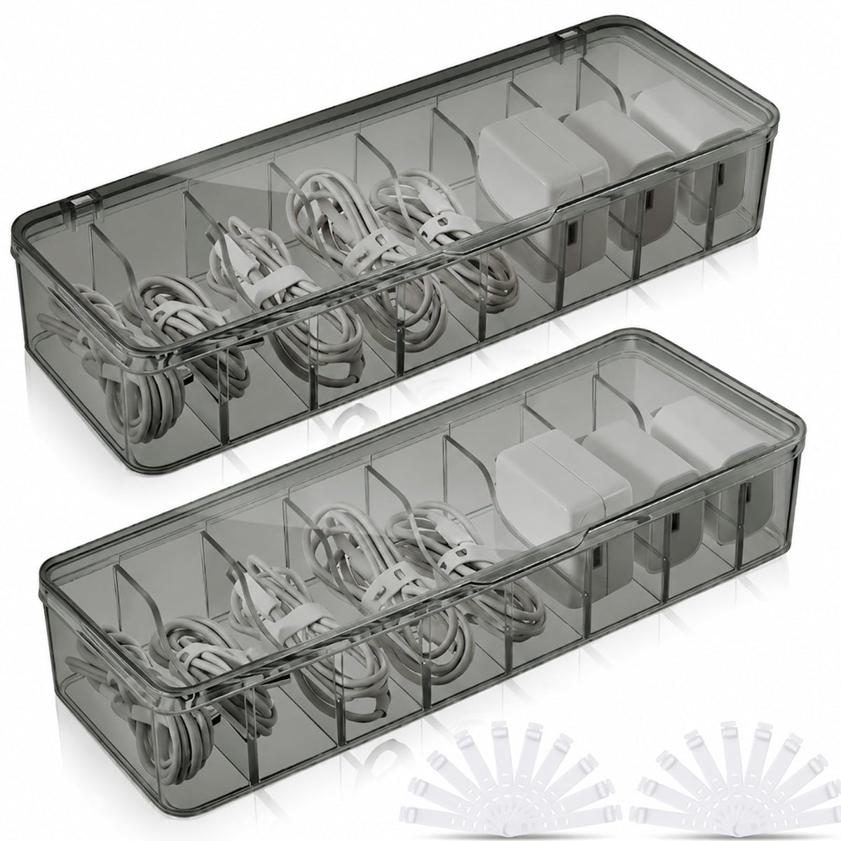 Tatuo Cord Organizer Box with Lid, Clear, 2 Pack