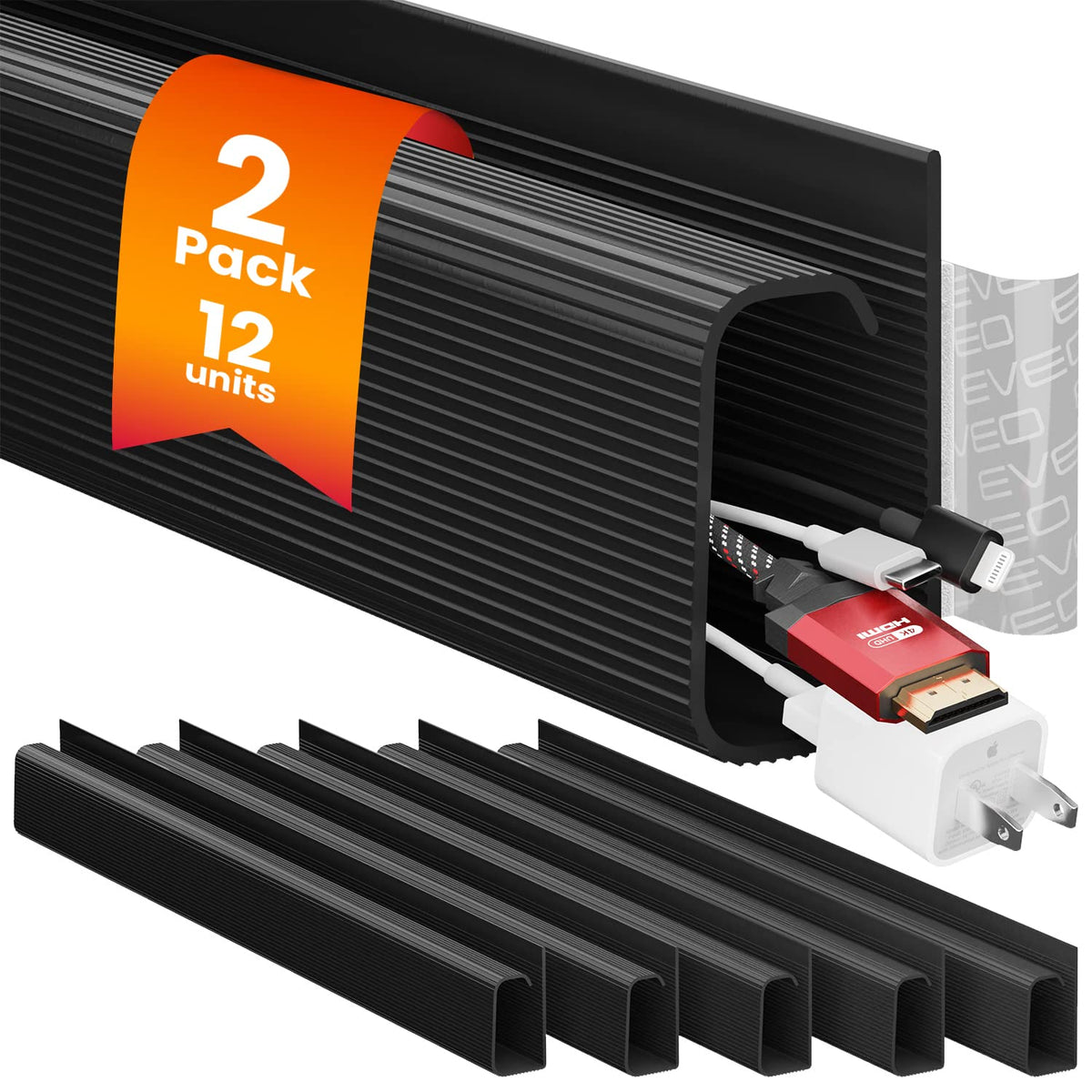 EVEO Cable Management Under Desk Kit (6 Units) - Under Desk Cable Management Cord Hider, Cable Hider Cord Management, Cable Organizer, Cable Raceway | Self-Adhesive 96'' J Channel 6X16 - Black