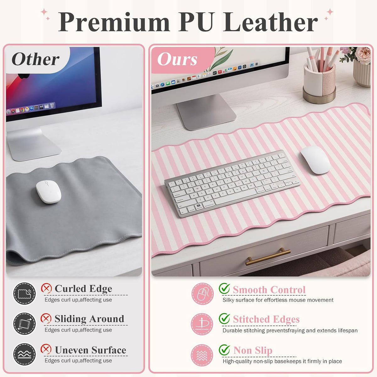 iCasso Cute Leather Desk Pad,Waterproof Scalloped Desk Mat for Women(Pink)