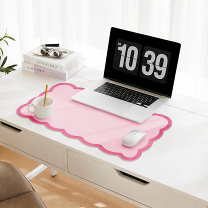 Scalloped Desk Mat, 31.5" x 15.7" Large Cute Aesthetic Desk Accessories, PU Leather Computer Laptop Desk Mouse Keyboard Pad, Desk Writing Mat for Vanity/Work/Home Decor (Pink, 31.5" x 15.7")