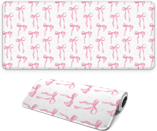 Large Computer Mouse Pad with Non-Slip Base for Desktop, Cute Gaming Mouse Mat with Stitched Edges, Long Extended Anime Mousepad for Laptop, 31.5 x 11.8 inches (Cute Ribbon Bow)