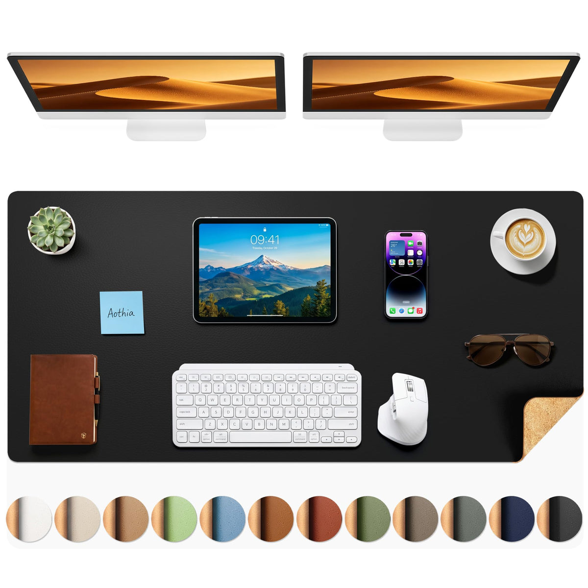 Aothia Double-Sided Desk Pad, 35.4" x 15.7"Leather Desk Mat, Eco Cork Desk Pad Protector,Large Mouse Pad,Waterproof Desk Blotter for Office/Home(Brown)