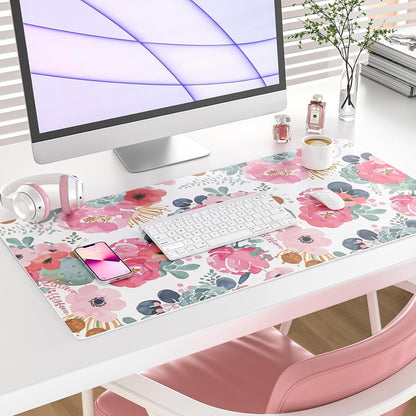 QIYI PU Leather Large Mouse Pad, Waterproof Desk Mat, 31.5" x 15.7", Peony