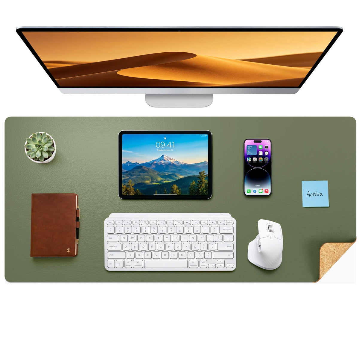 Aothia Double-Sided Desk Pad, 35.4" x 15.7"Leather Desk Mat, Eco Cork Desk Pad Protector,Large Mouse Pad,Waterproof Desk Blotter for Office/Home(Brown)