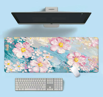 Large Mouse Pad Mousepad, Pink Flowers in a Blue Desk Mats for Desktop, Watercolor Beautiful Floral Laptop Computer Desk Pad, Non-Slip Rubber Base Desktop Mat, 31.5 x 11.8 inches