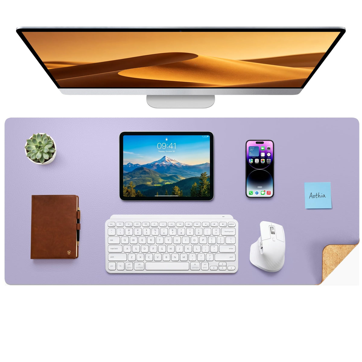 Aothia Double-Sided Desk Pad, 35.4" x 15.7"Leather Desk Mat, Eco Cork Desk Pad Protector,Large Mouse Pad,Waterproof Desk Blotter for Office/Home(Brown)