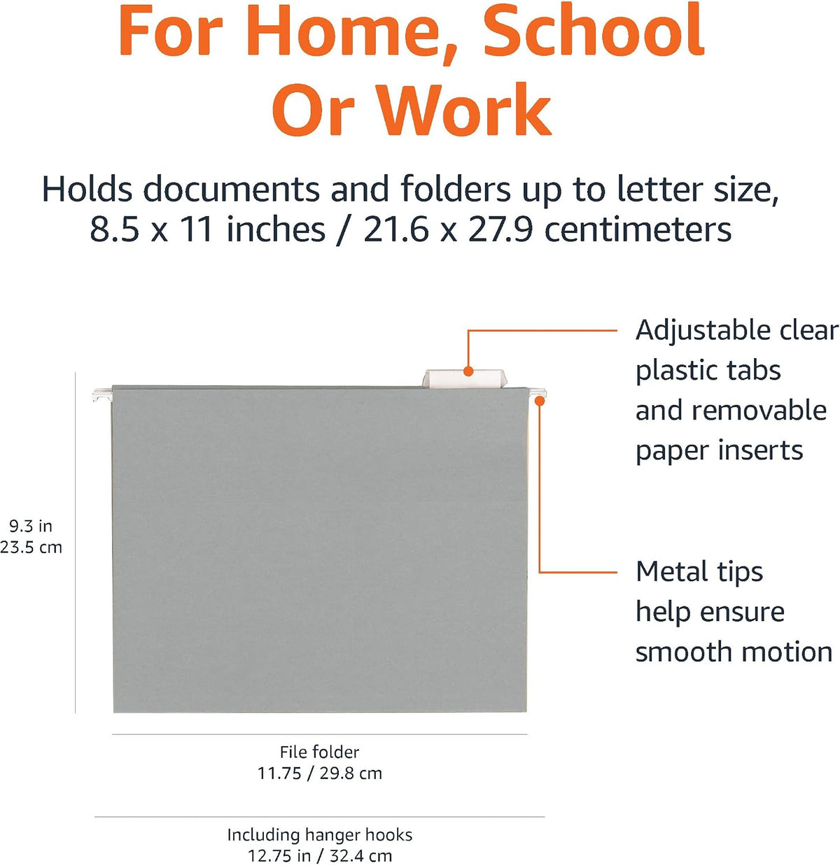 Amazon Basics Hanging File Folders with Adjustable Tabs for Document Organization, Letter Size, Gray, 25-Pack