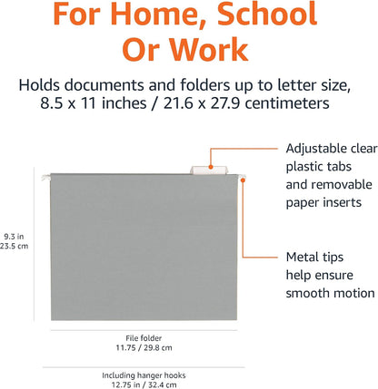 Amazon Basics Hanging File Folders with Adjustable Tabs for Document Organization, Letter Size, Gray, 25-Pack