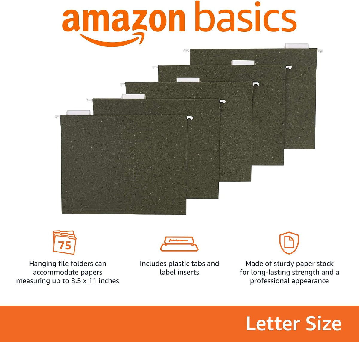 Amazon Basics Hanging File Folders for Documents, Letter Size, 1/5-Cut Adjustable Tabs, Standard Green, 75 Count per Box