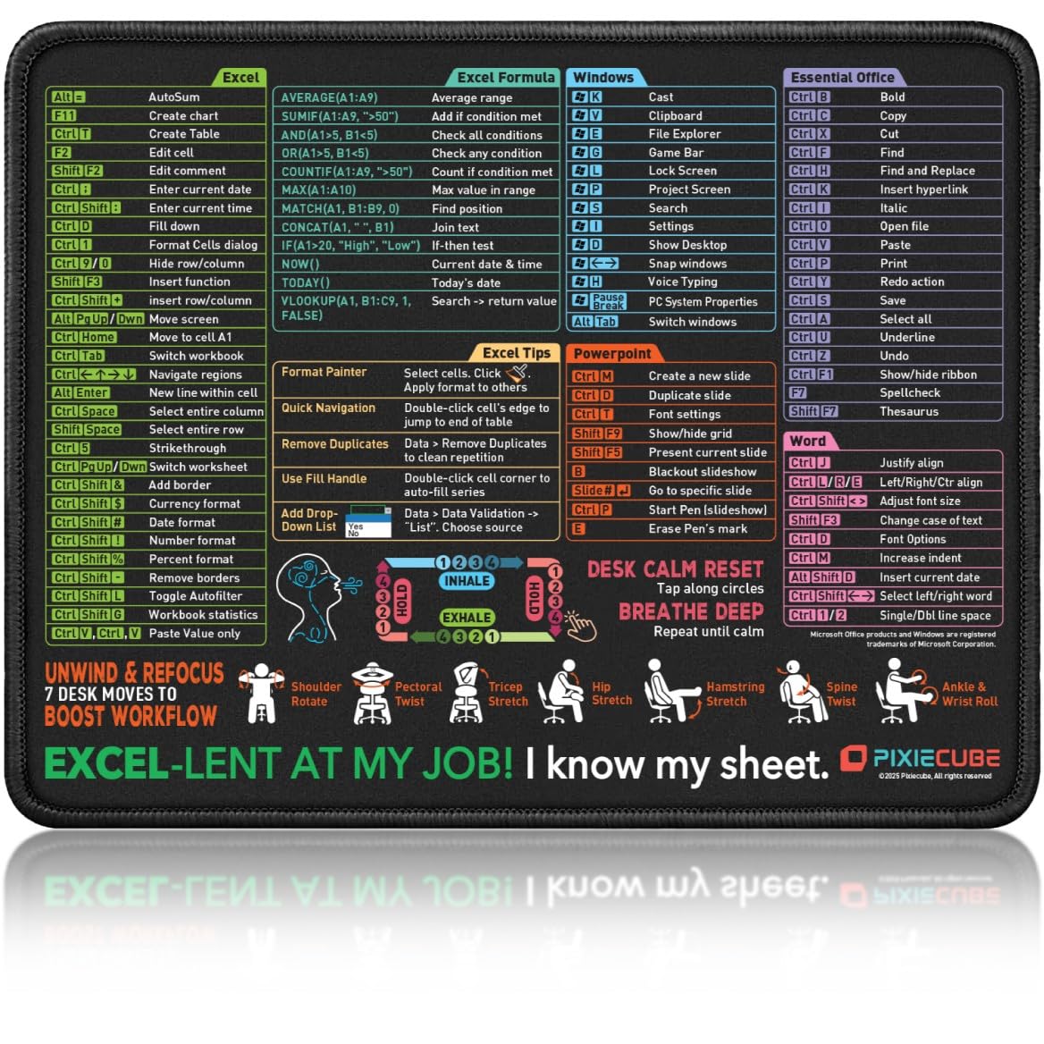 Pixiecube Excel Cheat Sheet Desk Pad | Excel Shortcut Keys Mouse Pad | Extended Large XL Gaming Mousepad | PC Office Spreadsheet Keyboard Mat | Non-Slip Stitched Edge