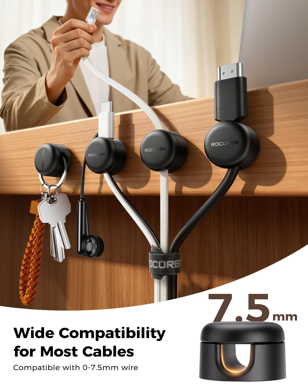 Rocoren 50‑Pack Rotatable Cable Clips & Cord Straps Cable Management Kit