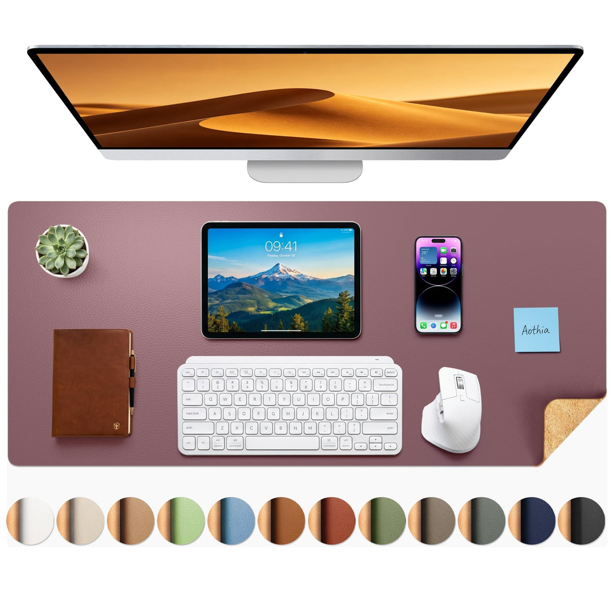 Aothia Double-Sided Desk Pad, 35.4" x 15.7"Leather Desk Mat, Eco Cork Desk Pad Protector,Large Mouse Pad,Waterproof Desk Blotter for Office/Home(Brown)