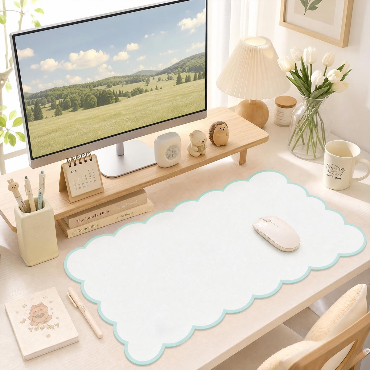 Scalloped Desk Mat,31.5"x15.7" Large Mouse Pad for Desk Pad,Beige